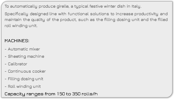 To automatically produce girelle, a typical festive winter dish in Italy. Specifically designed line with functional solutions to increase productivity and maintain the quality of the product, such as the filling dosing unit and the filled roll winding unit. MACHINES: - Automatic mixer - Sheeting machine - Calibrator - Continuous cooker - Filling dosing unit - Roll winding unit Capacity ranges from 150 to 350 rolls/h 